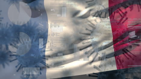 macro corona virus spreading with french flag billowing in the background