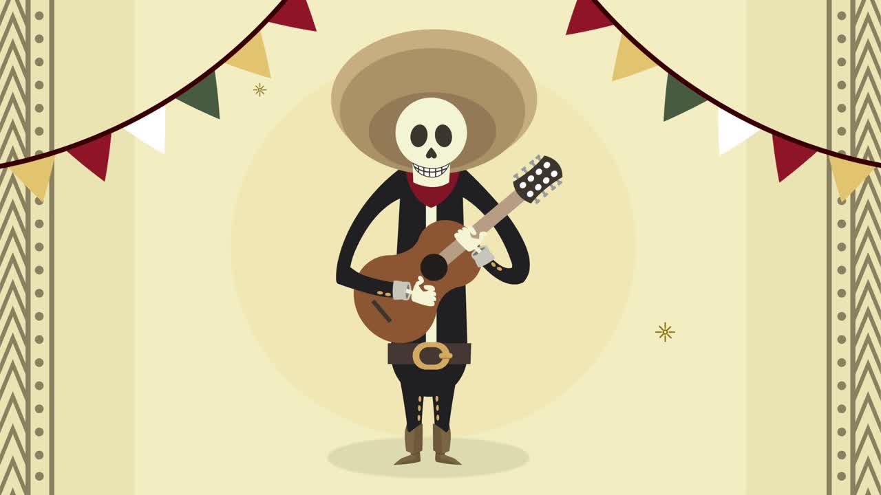 skeleton mariachi playing guitar character