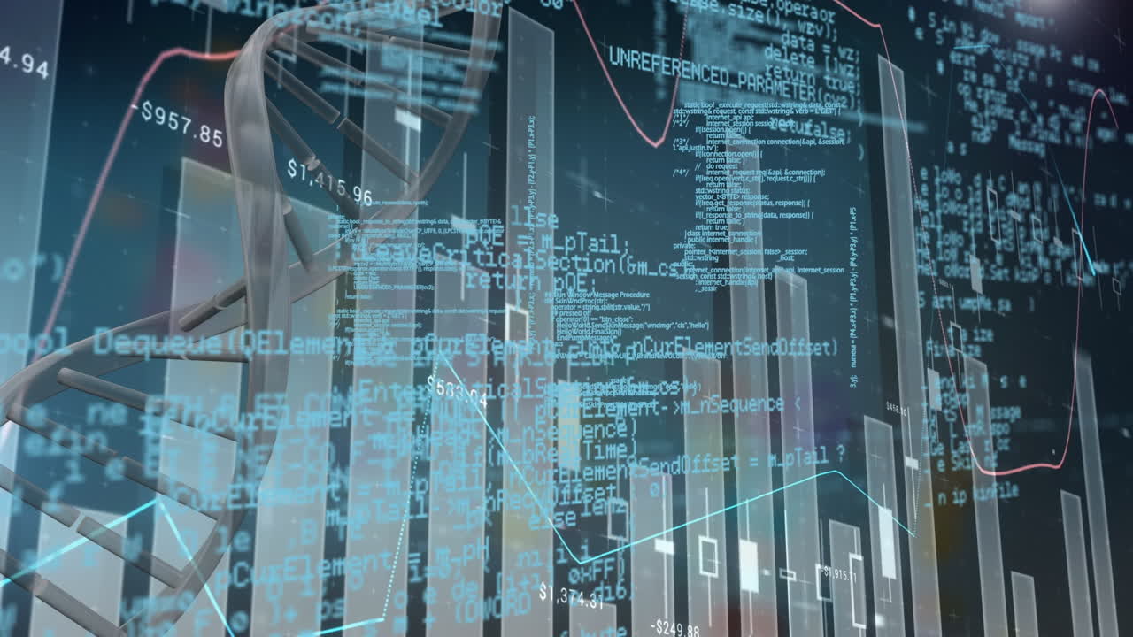 animación del procesamiento de datos y la cadena de adn en fondo negro