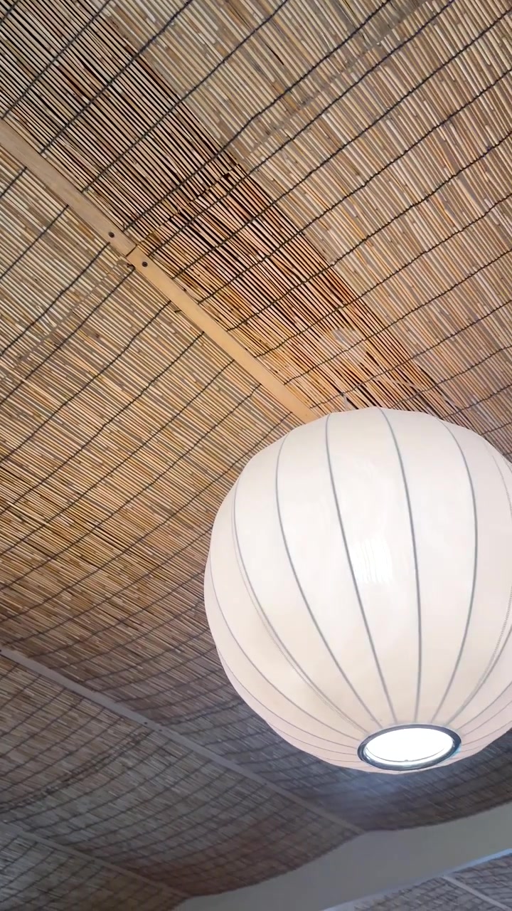 Camera pans from palm leaves across bamboo ceiling to glowing paper lanterns, soft ambient lighting.