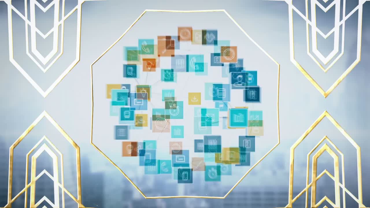 都市風景上の人々のアイコンと形状のアニメーション