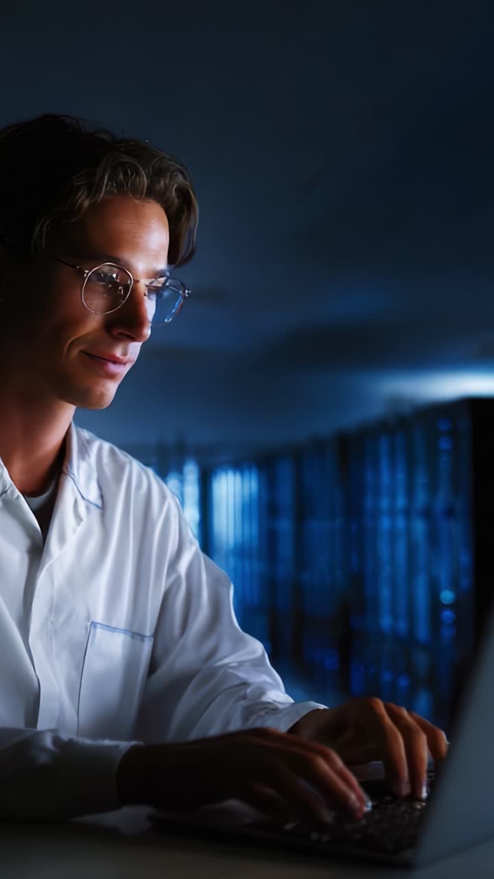 Mand, der arbejder på en computer i et datacenter