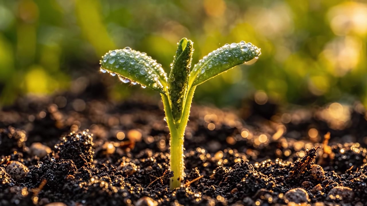 A Close-Up Journey of a Young Plant Sprouting from Rich Soil, Glimmering with Dewdrops Under the Gentle Morning Light, Signifying New Beginnings and Growth