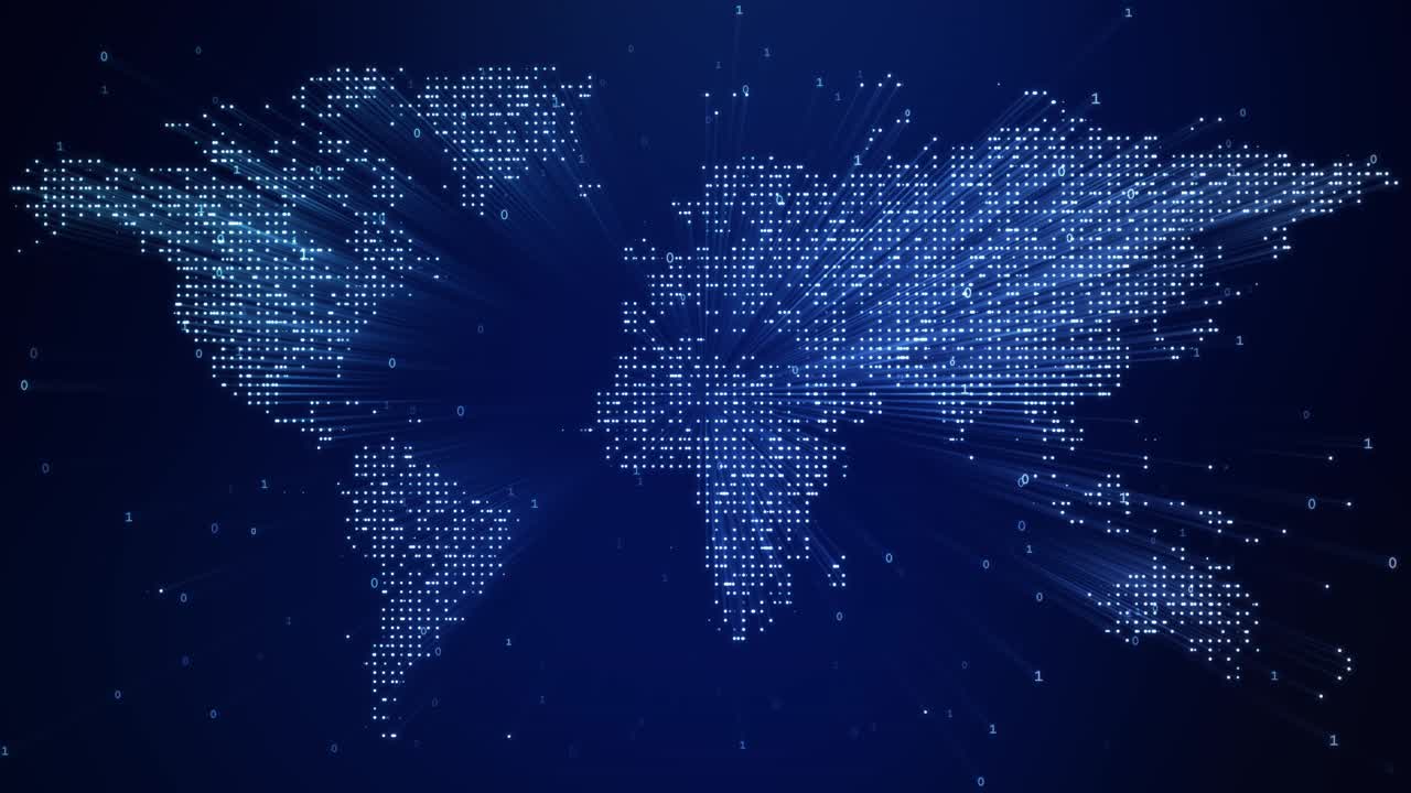 Illuminated digital world map over dark blue background with random numbers