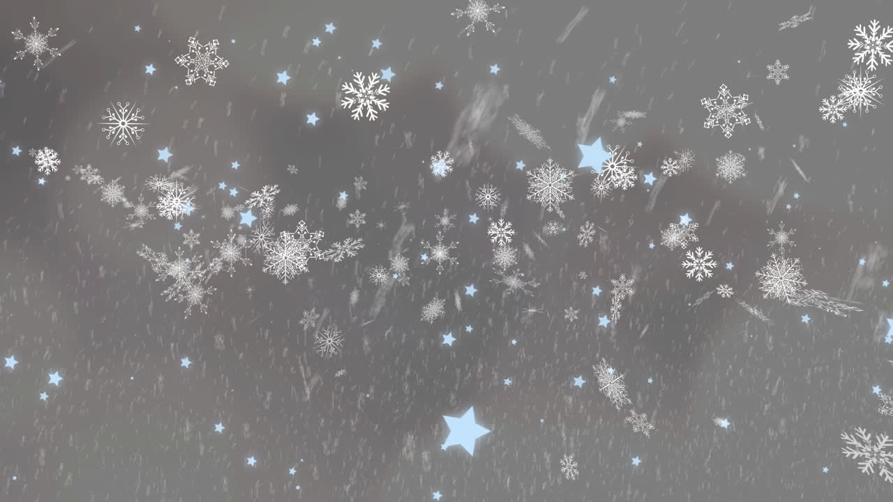 animación digital de nieve cayendo contra múltiples copos de nieve y iconos de estrellas en fondo gris