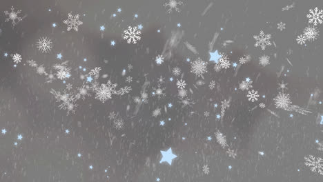 digital animation of snow falling against multiple snowflakes and stars icons on grey background