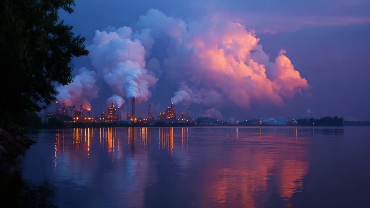 Industrielt fabriksanlæg ved solnedgang