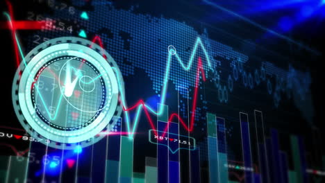 animación del reloj de neón, procesamiento de datos estadísticos y de mercado de valores sobre el mapa del mundo.