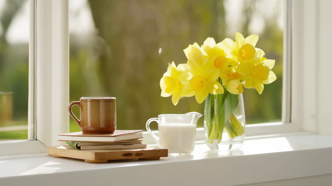 Gemütliches Stillleben mit Narzissen, Büchern und Kaffee auf einer sonnigen Fensterbank
