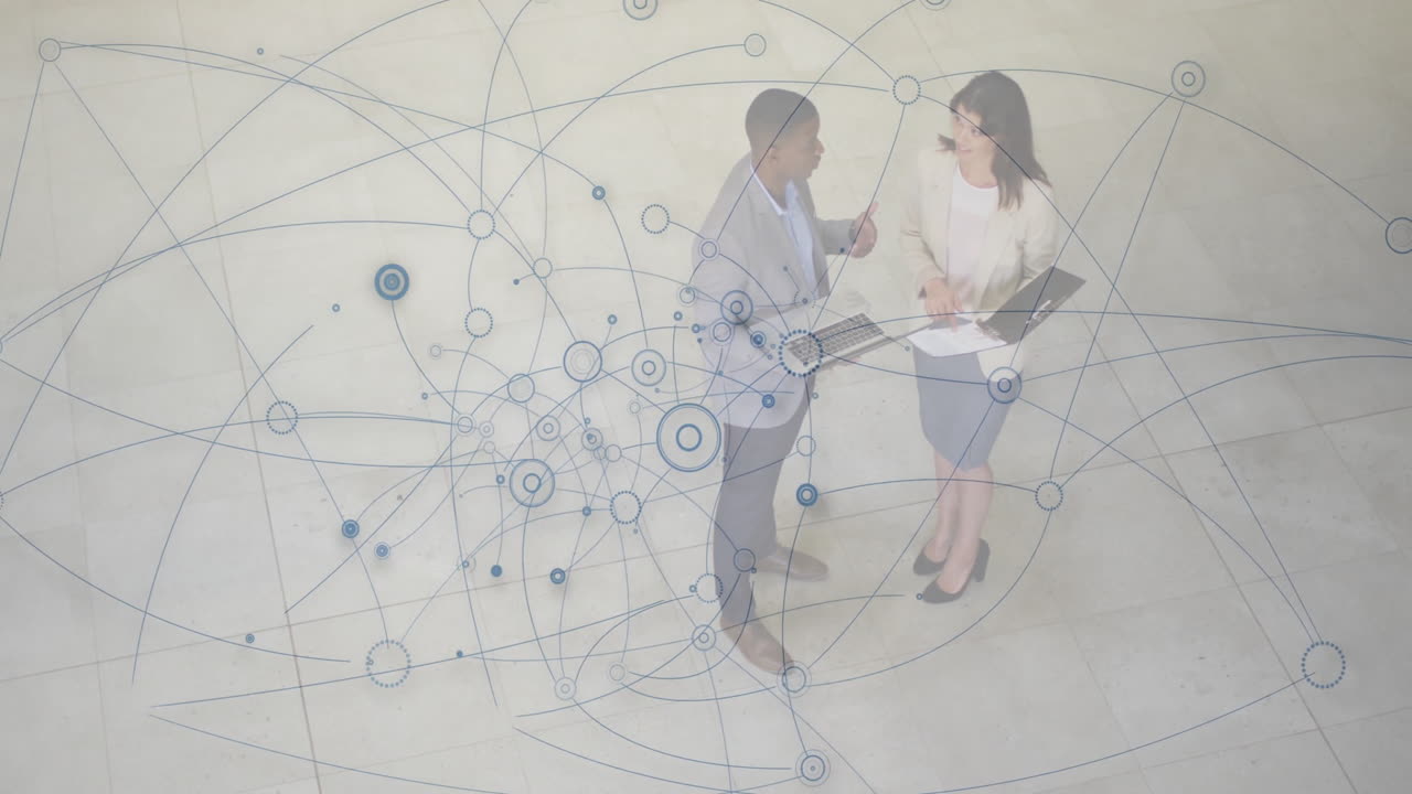 Discussing business, professionals with network connections and data processing animation