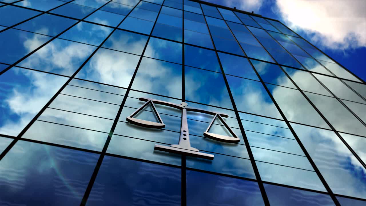 Court with a symbol of weight glass skyscraper with mirrored sky loop animation