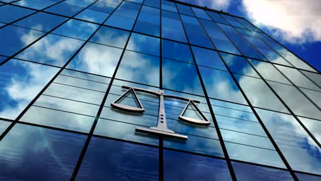 court with a symbol of weight glass skyscraper with mirrored sky loop animation