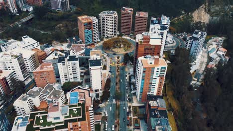 drone view of a roundabout in the capital of ecuador, south america with heavy traffic