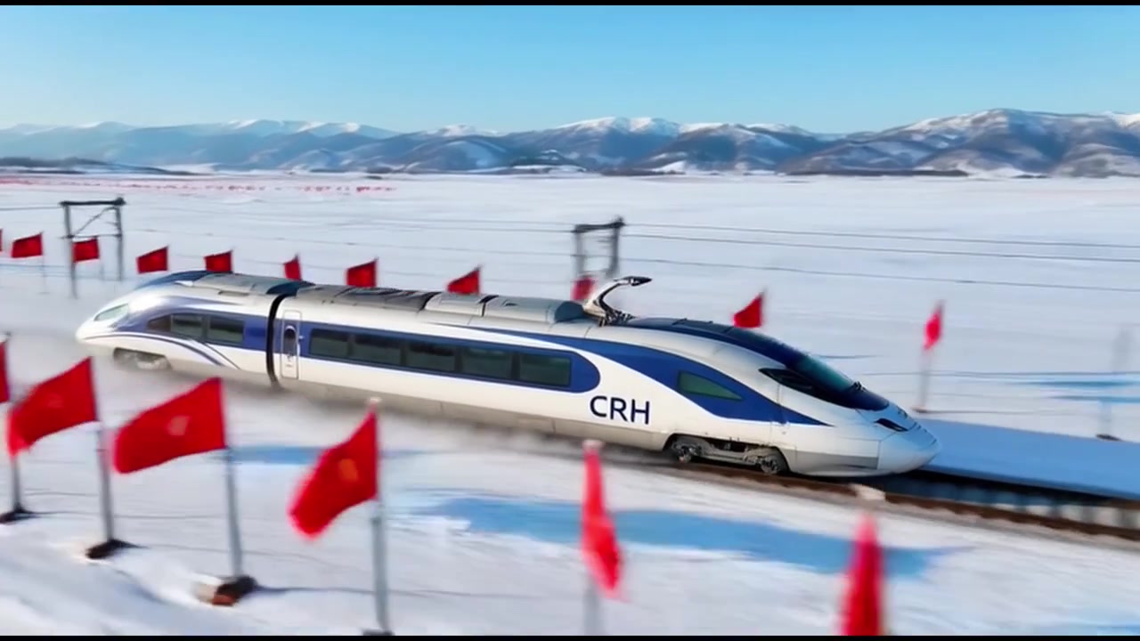 รถไฟความเร็วสูงกำลังแล่นผ่านทิวทัศน์หิมะที่เรียงรายไปด้วยธงสีแดง