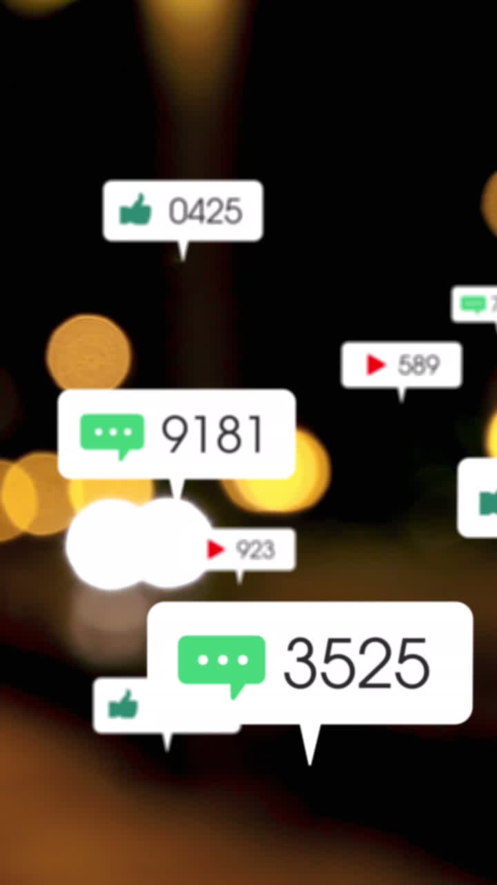 animación de iconos y números de redes sociales sobre semáforos desenfocados