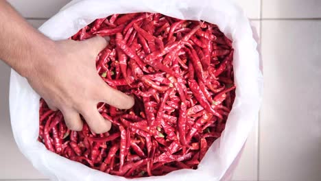 hand reaching into a bag of dried red chilies