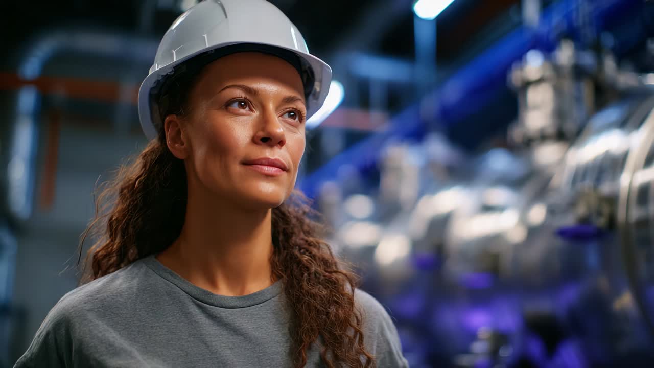 Inspiring Portrait of a Woman Wearing a Hard Hat and Working in an Industrial Environment, Showcasing Confidence, Determination, and a Commitment to Safety and Innovation in Engineering Fields