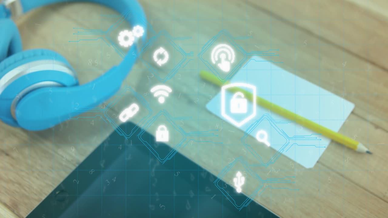 Coffee cup glitch flashing causing holograms drifting from pencil to sliding headphones and fading