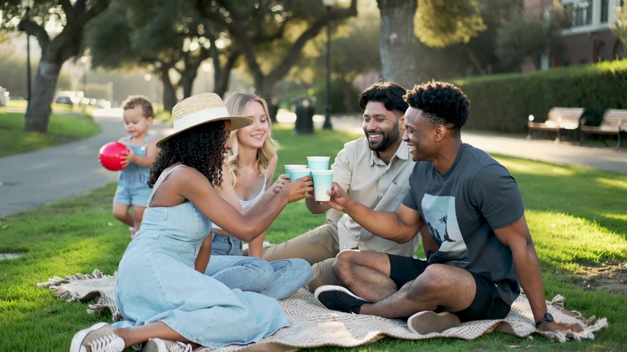 Quattro amici che ridono brindano con bicchieri di carta su una coperta da picnic, con un bambino piccolo che tiene una palla rossa.