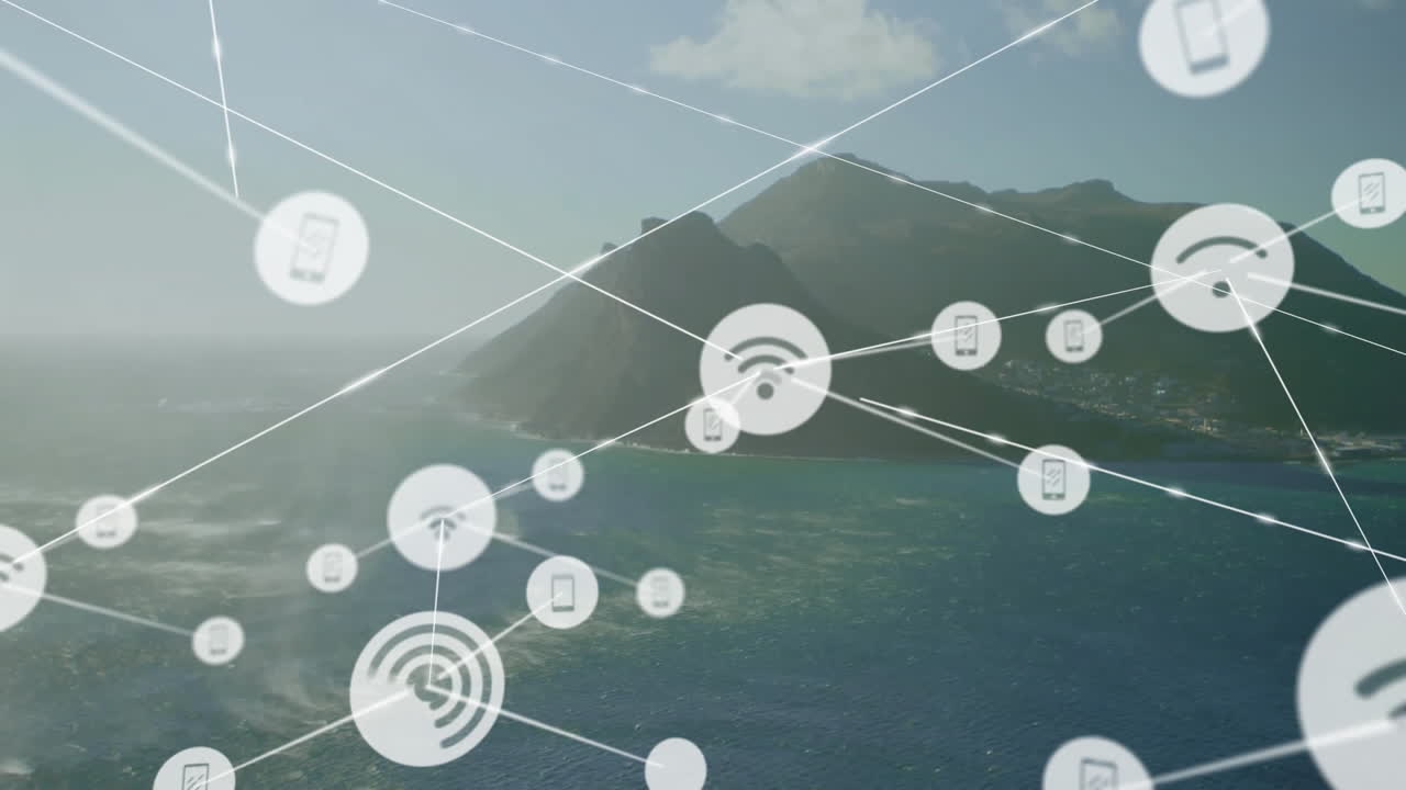 풍경 위의 아이콘으로 연결된 네트워크의 애니메이션