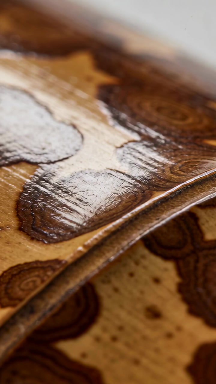 Video verticale: Mano che ruota il bordo di una ciotola decorativa su un tavolo, rivelando la venatura del legno e la lucentezza.