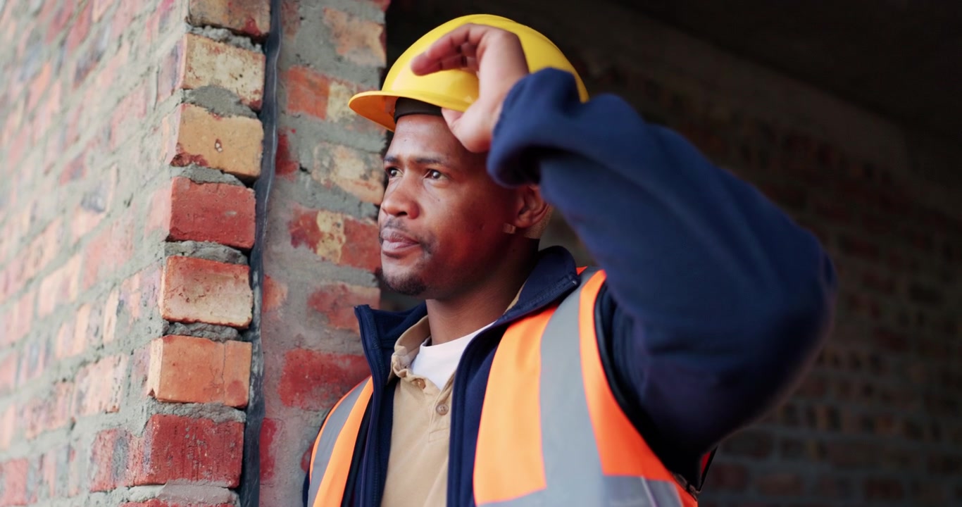 Construction Worker Taking Off Hard Hat at Building Site