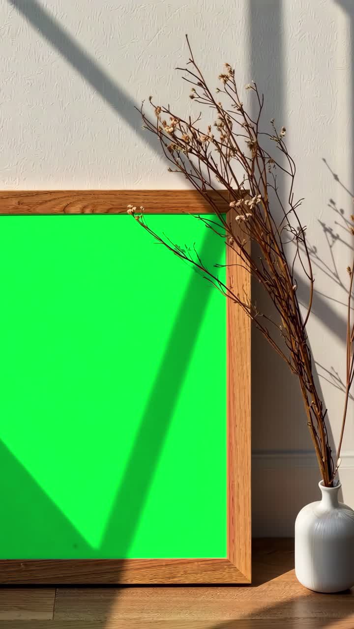 Minimal wood picture frame live mockup animation, transparent 4K video, green screen