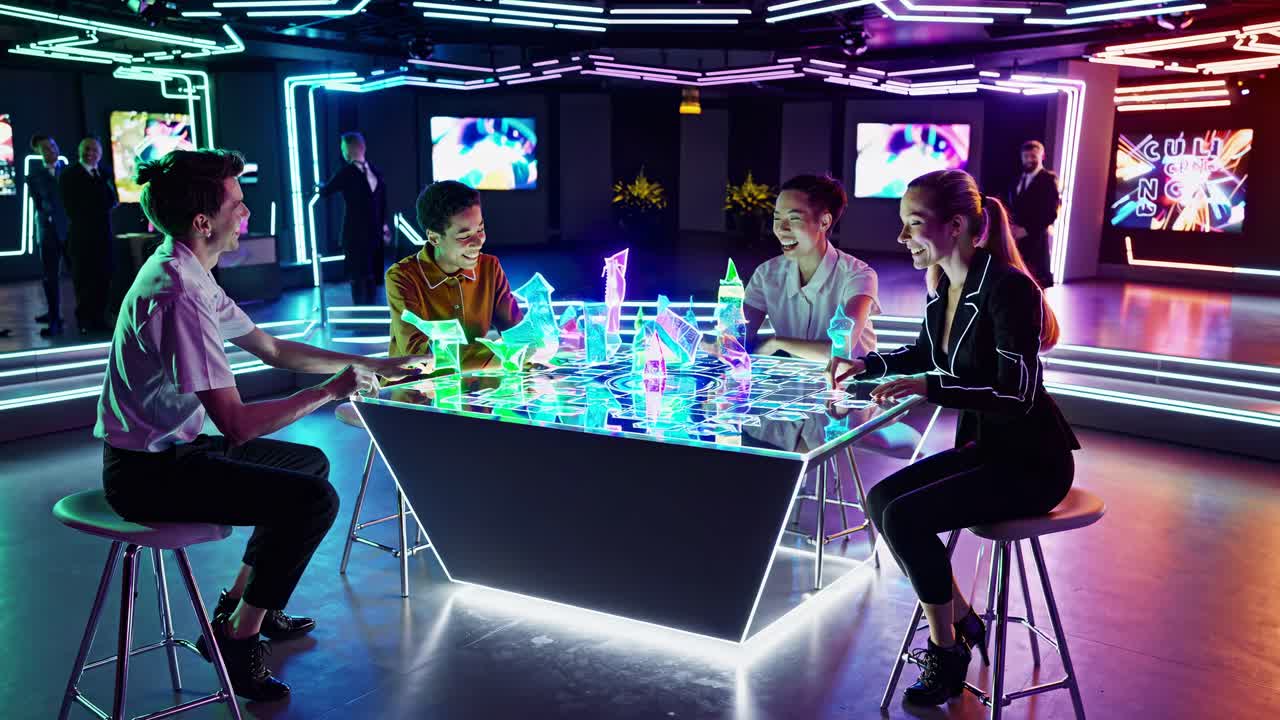 Group playing interactive digital game at futuristic exhibition