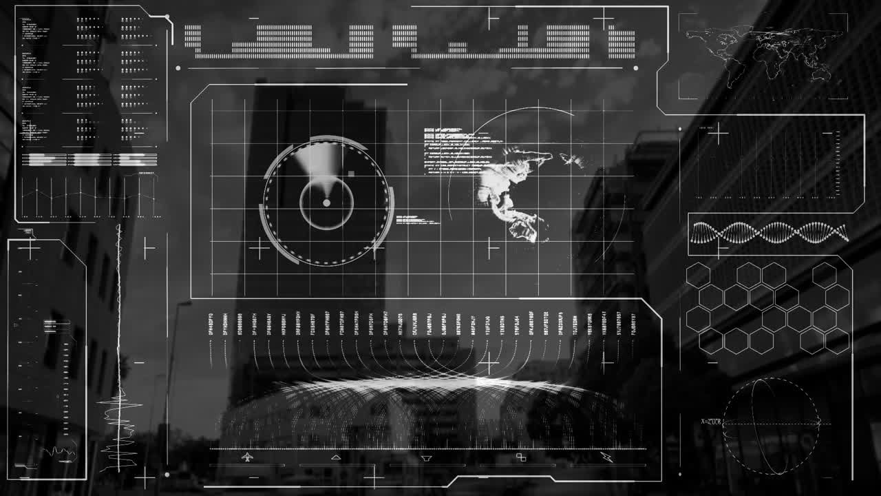 Animation of financial data processing over cityscape