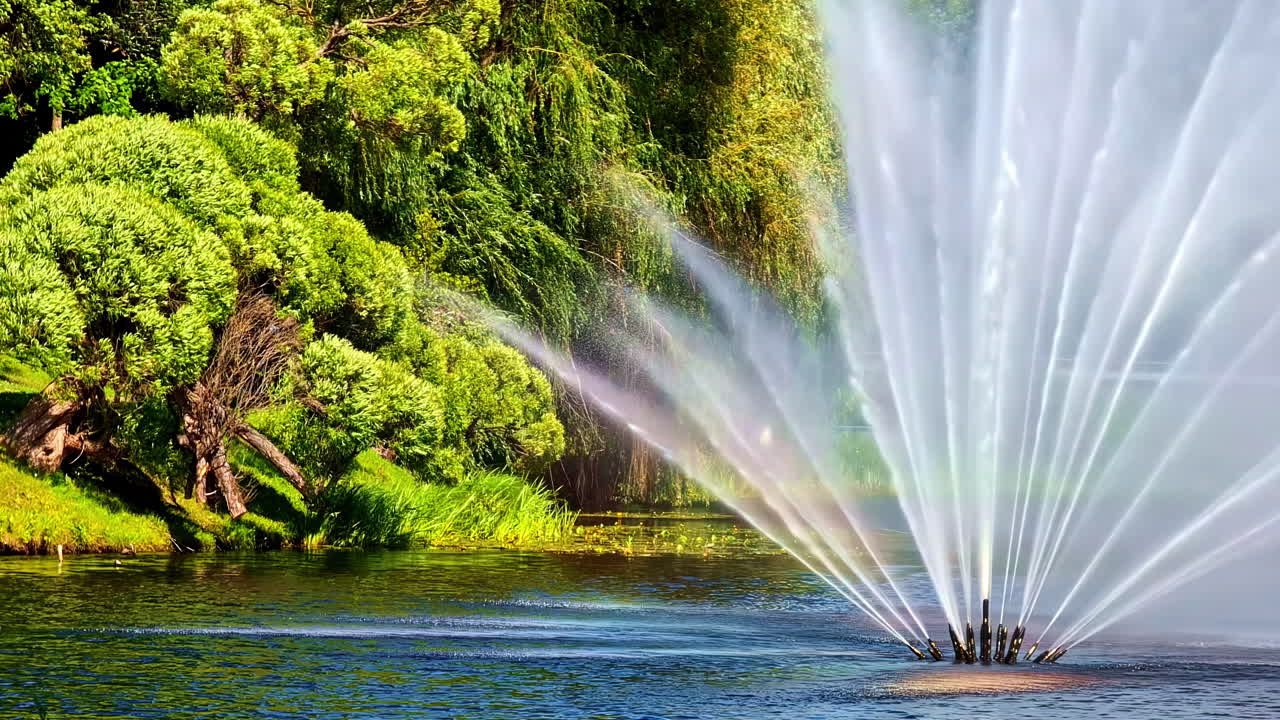 Colorful water fountain spraying in lake with trees and rainbow on sunny day