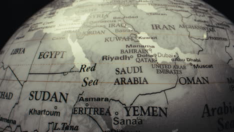 close-up of a world globe focusing on middle east