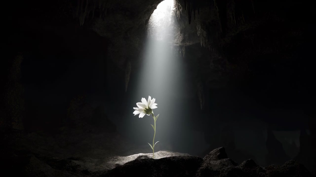 A lone flower grows on rocky ground inside a dark cave, illuminated by a narrow beam from above that creates a striking contrast with the surrounding shadows