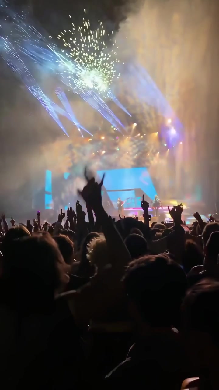 Multitud enérgica animando en un concierto de música en vivo con pirotecnia y bola de discoteca