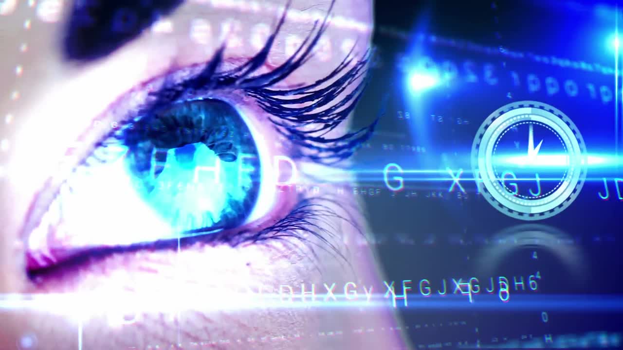 Animation of digital interface and clock over woman's eyes