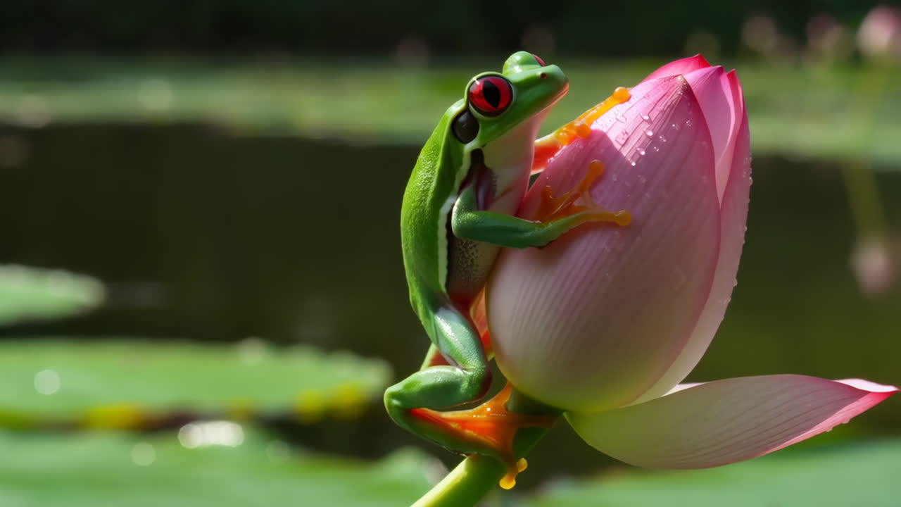 Red-Eyed Tree Frog on a Pink Lotus Bud