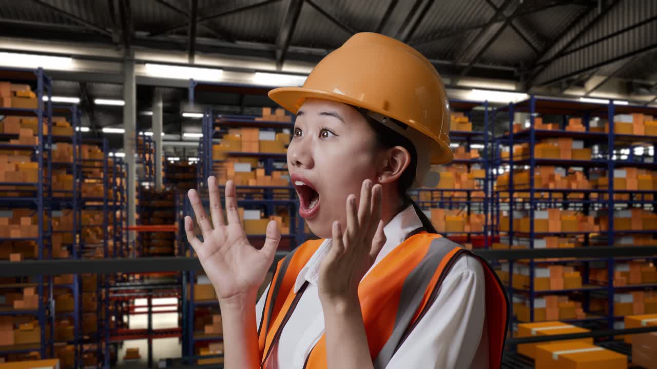 안전 헬을 입은 아시아 여성 엔지니어가 배달 물품으로 가득 찬 선반과 함께 창고에 서 있습니다.