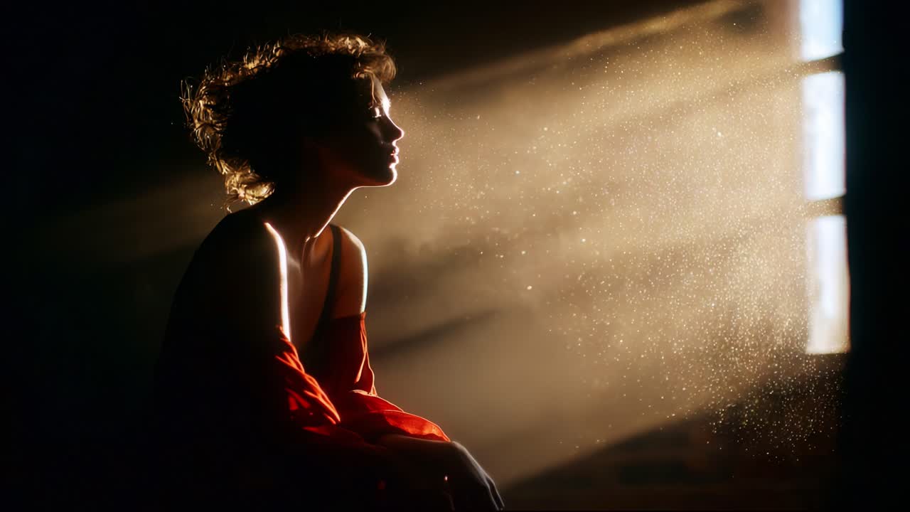 A Serene Moment Enveloped in Light and Dust: Capturing the Tranquility and Beauty of a Pensive Figure in a Dimly Lit Room with Sunbeams Filtering Through the Window