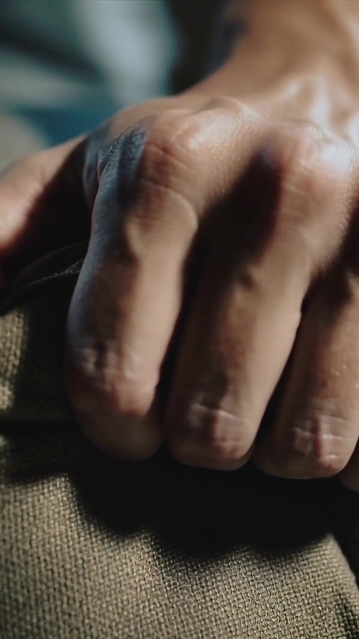 Vertical video: Tensing from small shift, right hand curling fingers and clutching olive fabric