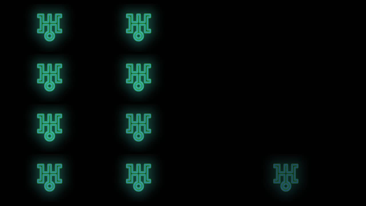 Pulsing neon green Japan symbols pattern in rows 7