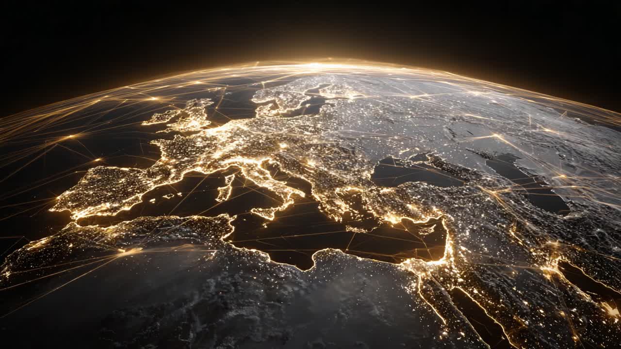 A Stunning View of Earth's Surface: Illuminated Europe at Night Captured from Space, Showcasing Urban Light Patterns and Connectivity Across the Continent
