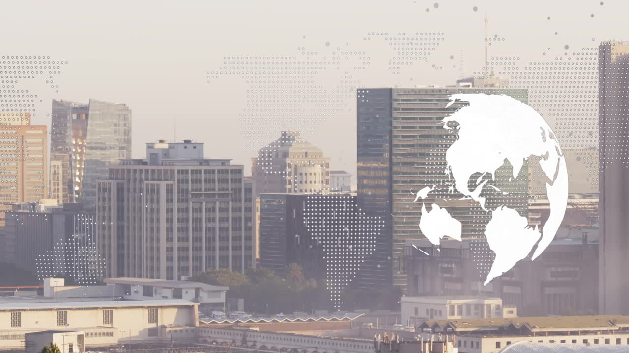 City skyline with animation of digital world map overlaying buildings in background