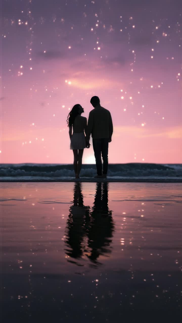 Silhouetted couple holding hands on a beach at sunset, with a dreamy, starry overlay