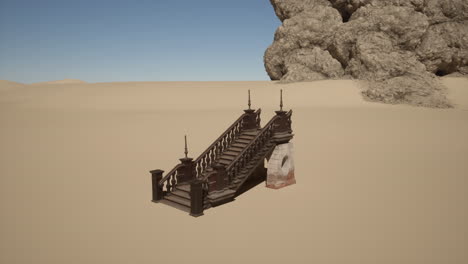 a wooden staircase leading up to a stone arch in a desert landscape