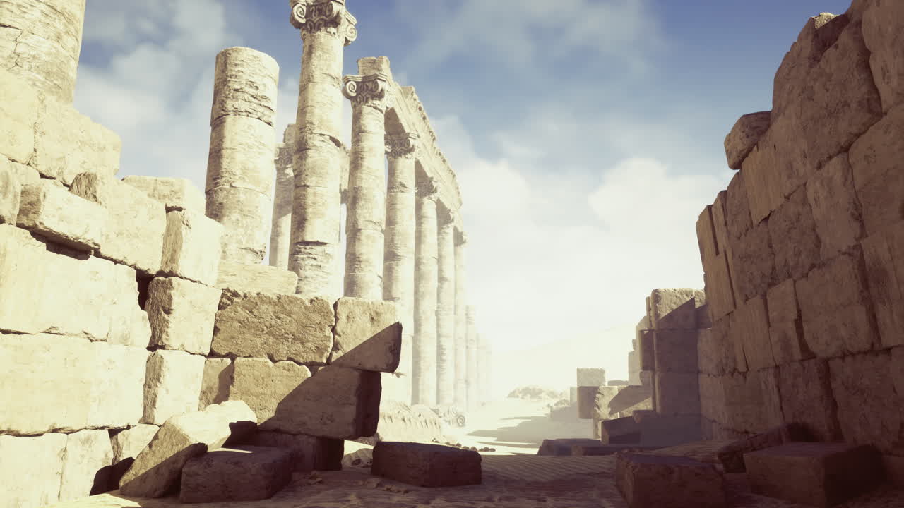 Majestic columns rise amid ancient ruins under a bright sky