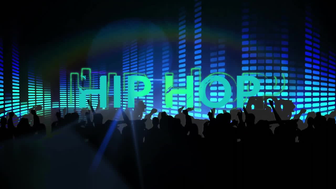 흑색 배경에 춤추는 사람들의 실루과 박이는 불빛 위에 합 텍스트의 애니메이션