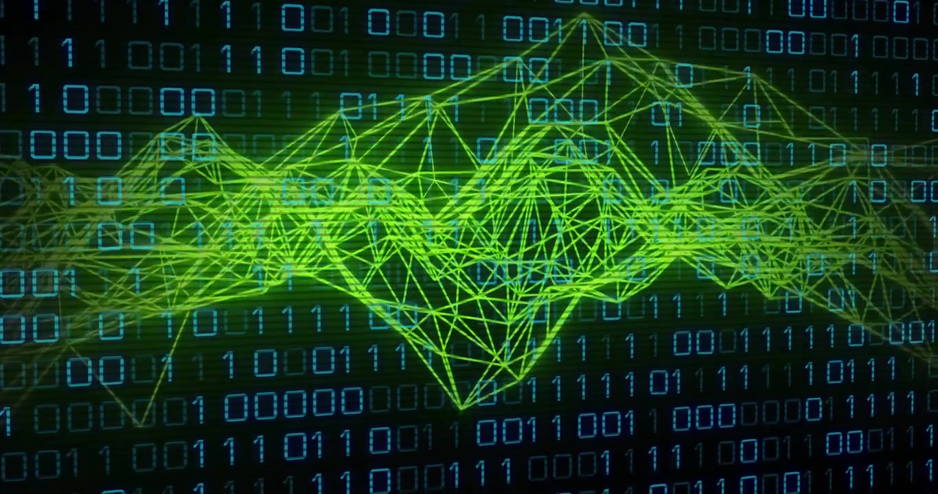 At start neon green mesh appearing, crest shifting, digits pulsing visualizing real-time data