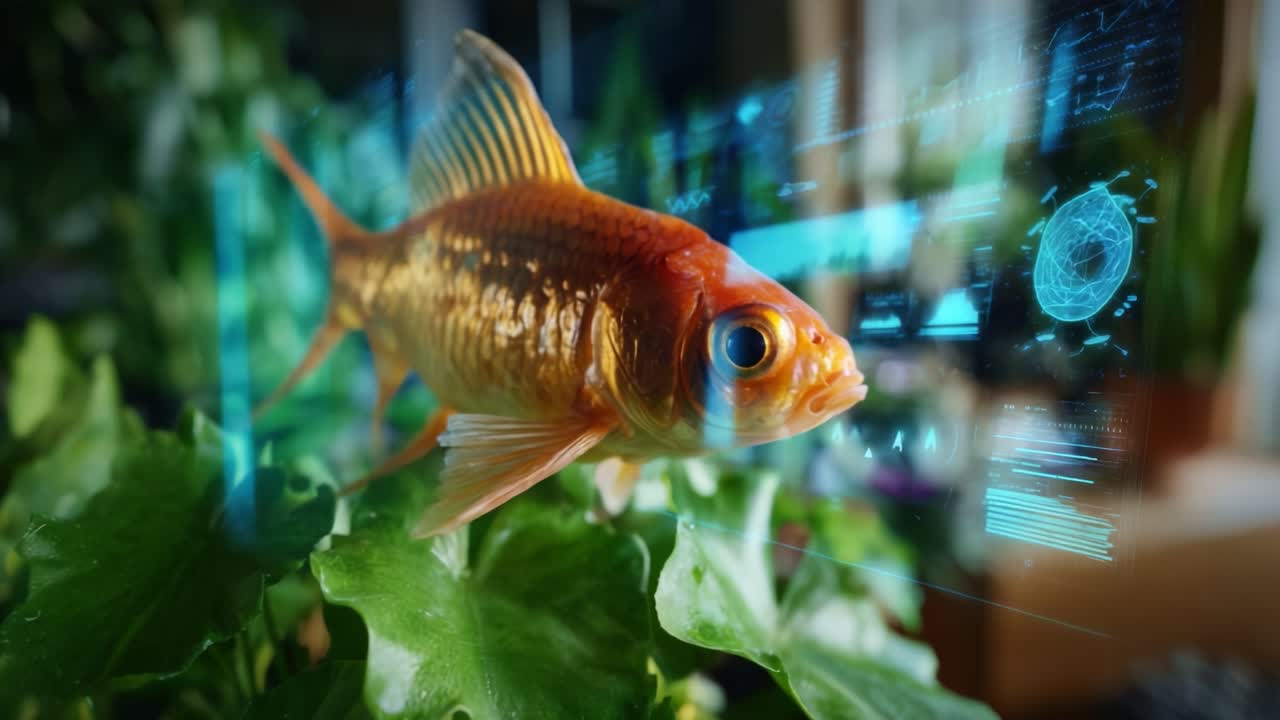 Um peixinho dourado vibrante nadando em meio a uma vegetação exuberante com gráficos digitais de alta tecnologia exibindo interações de informações e dados em um ambiente de aquário elegante