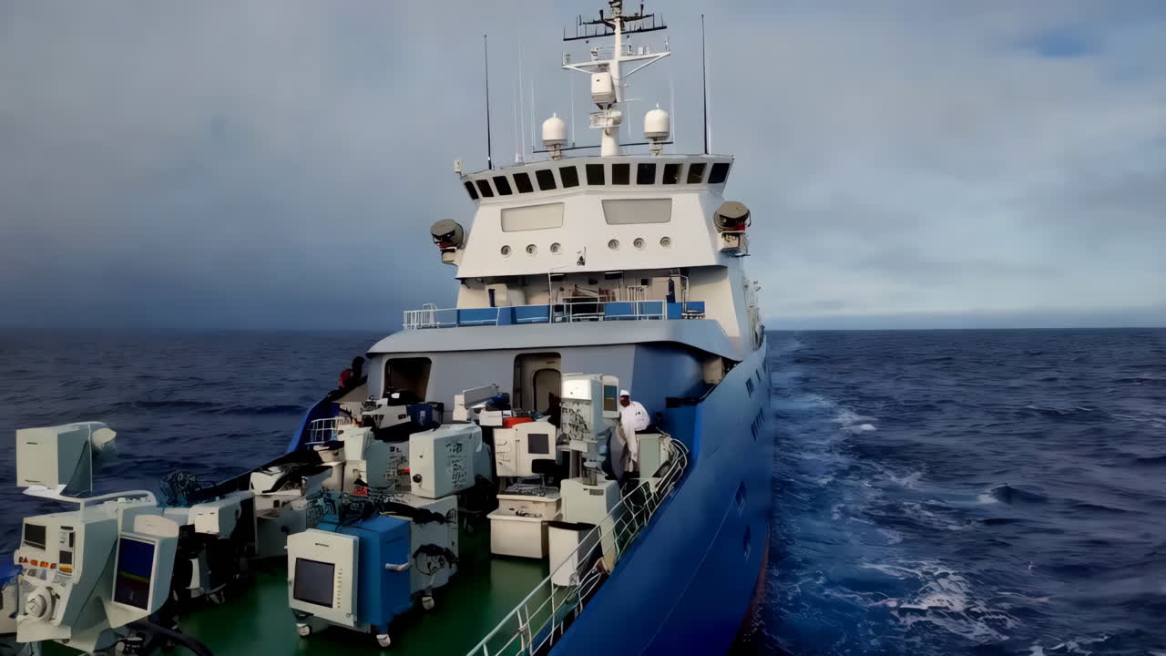 A research vessel with scientific equipment and crew on deck navigating the open ocean under an overcast sky