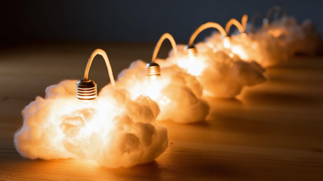 A Creative Illumination Concept: Soft Clouds with Warm Light Bulbs, Combining Natural Elements and Modern Design to Create a Unique Atmosphere and Aesthetic Appeal