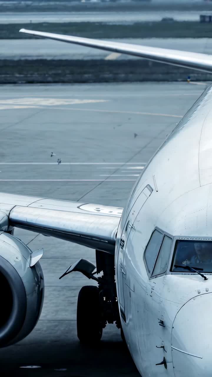 Jet commerciale in rullaggio: il muso e il motore destro si muovono lentamente sul piazzale, con il pilota che avvia il riposizionamento.